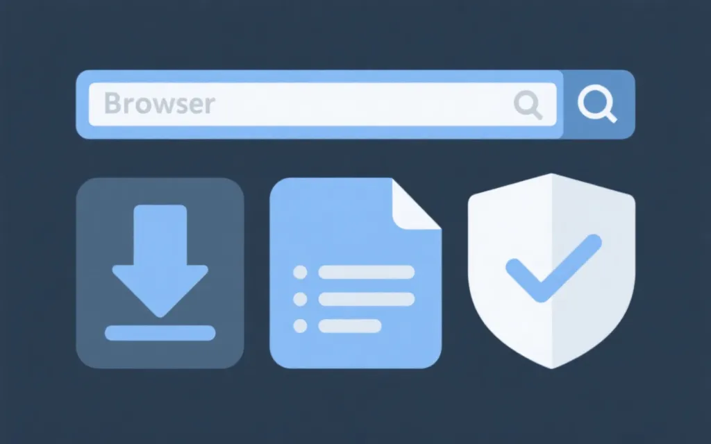 安全清单的扁平化插画：盾牌、浏览器地址栏、下载文件与勾选项，简洁科技风